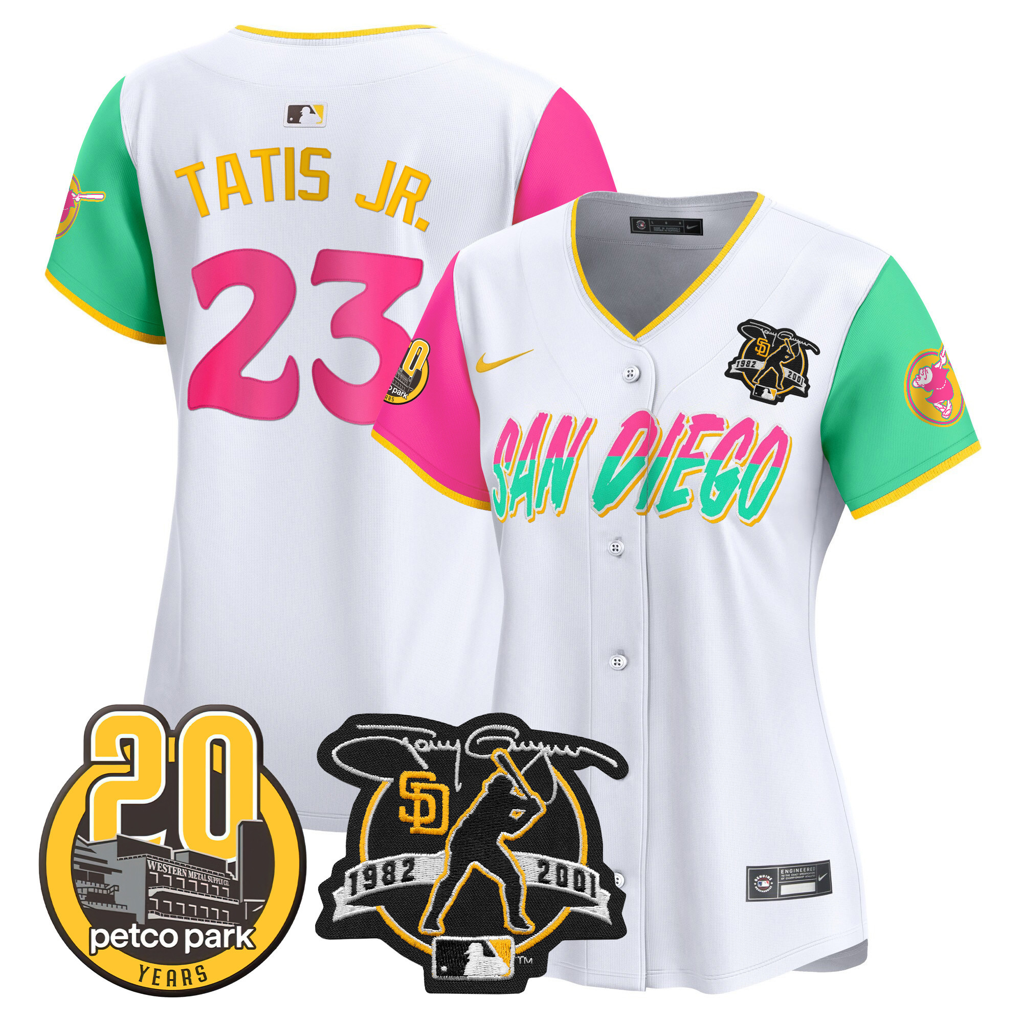Fernando Tatis Jr. Women's San Diego Padres Tony Gwynn & Petco Park 20th Patch Vapor Premier Limited City Connect Jersey - All Stitched