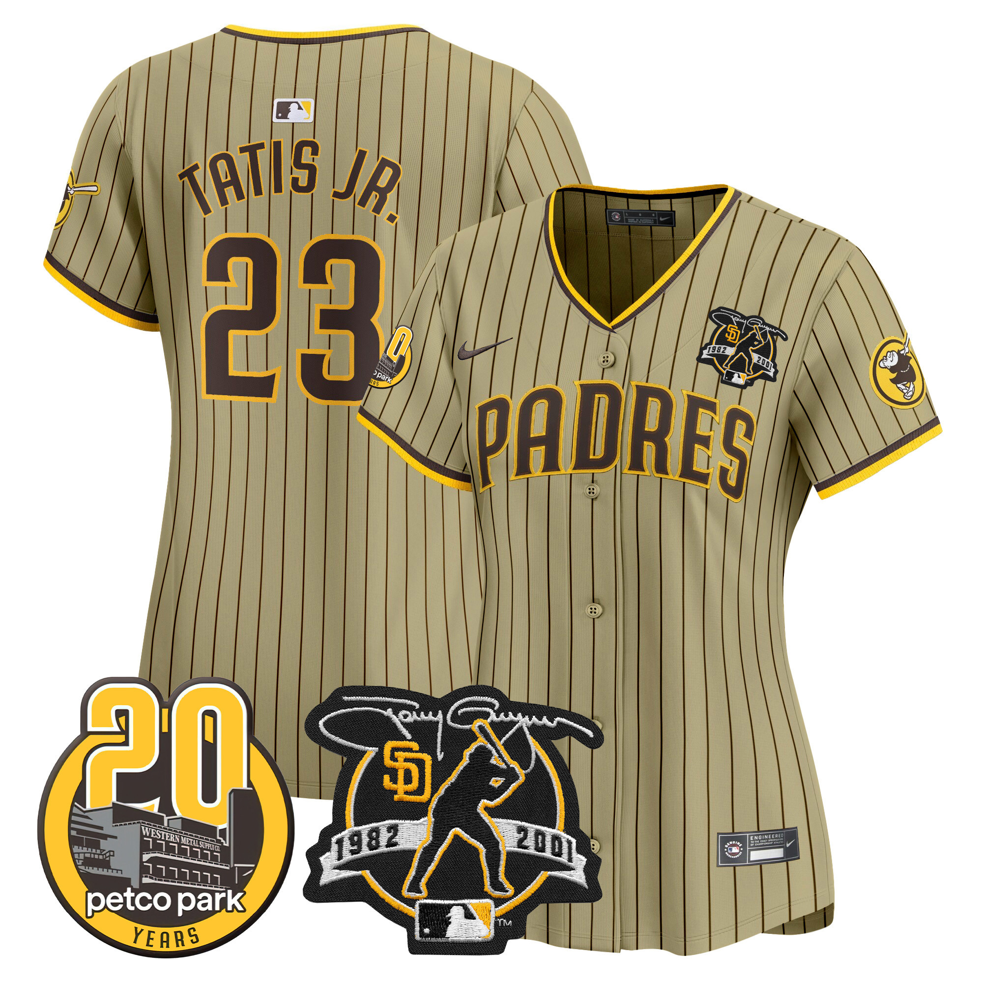 Fernando Tatis Jr. Women's San Diego Padres Tony Gwynn & Petco Park 20th Patch Vapor Premier Limited Tan Jersey - All Stitched