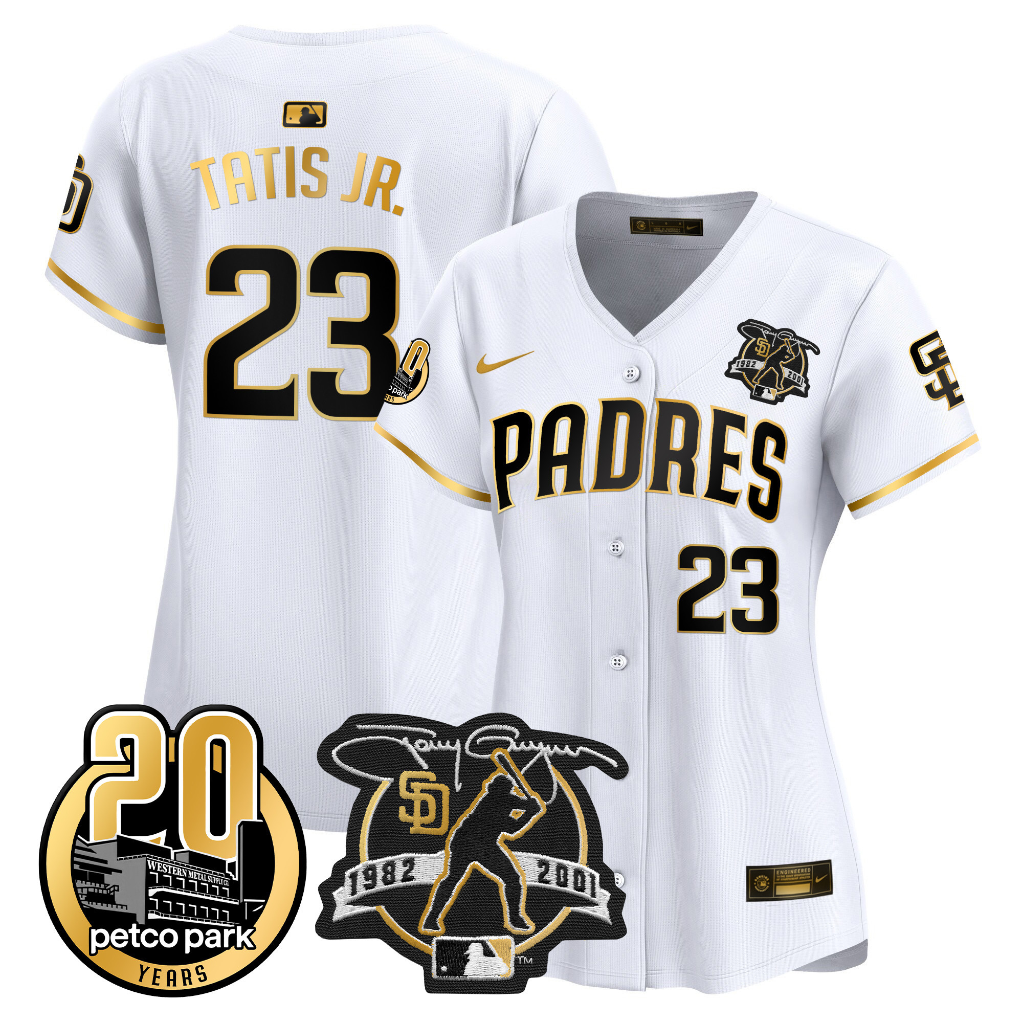 Fernando Tatis Jr. Women's San Diego Padres Tony Gwynn & Petco Park 20th Patch Vapor Premier Limited White Gold Jersey - All Stitched