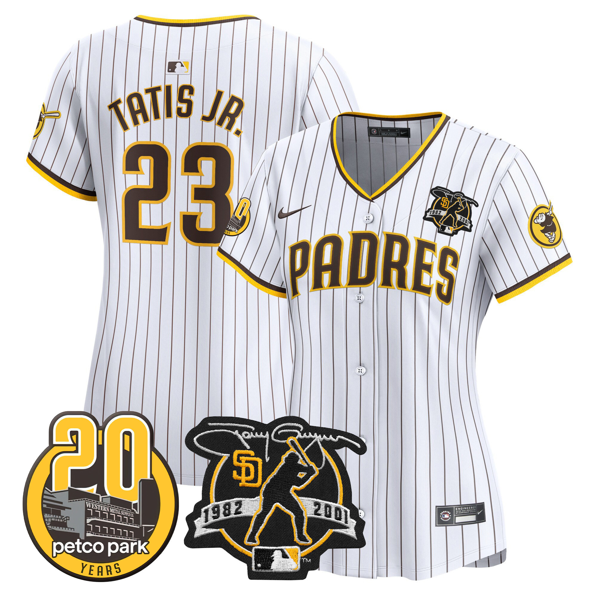 Fernando Tatis Jr. Women's San Diego Padres Tony Gwynn & Petco Park 20th Patch Vapor Premier Limited White Jersey - All Stitched