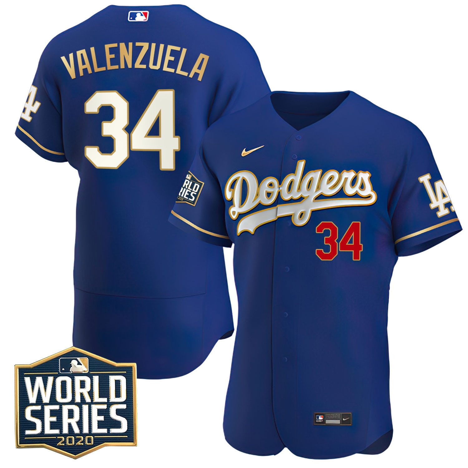 Fernando Valenzuela Los Angeles Dodgers World Series 2020 Patch Flex Base Royal Gold Limited Jersey - All Stitched
