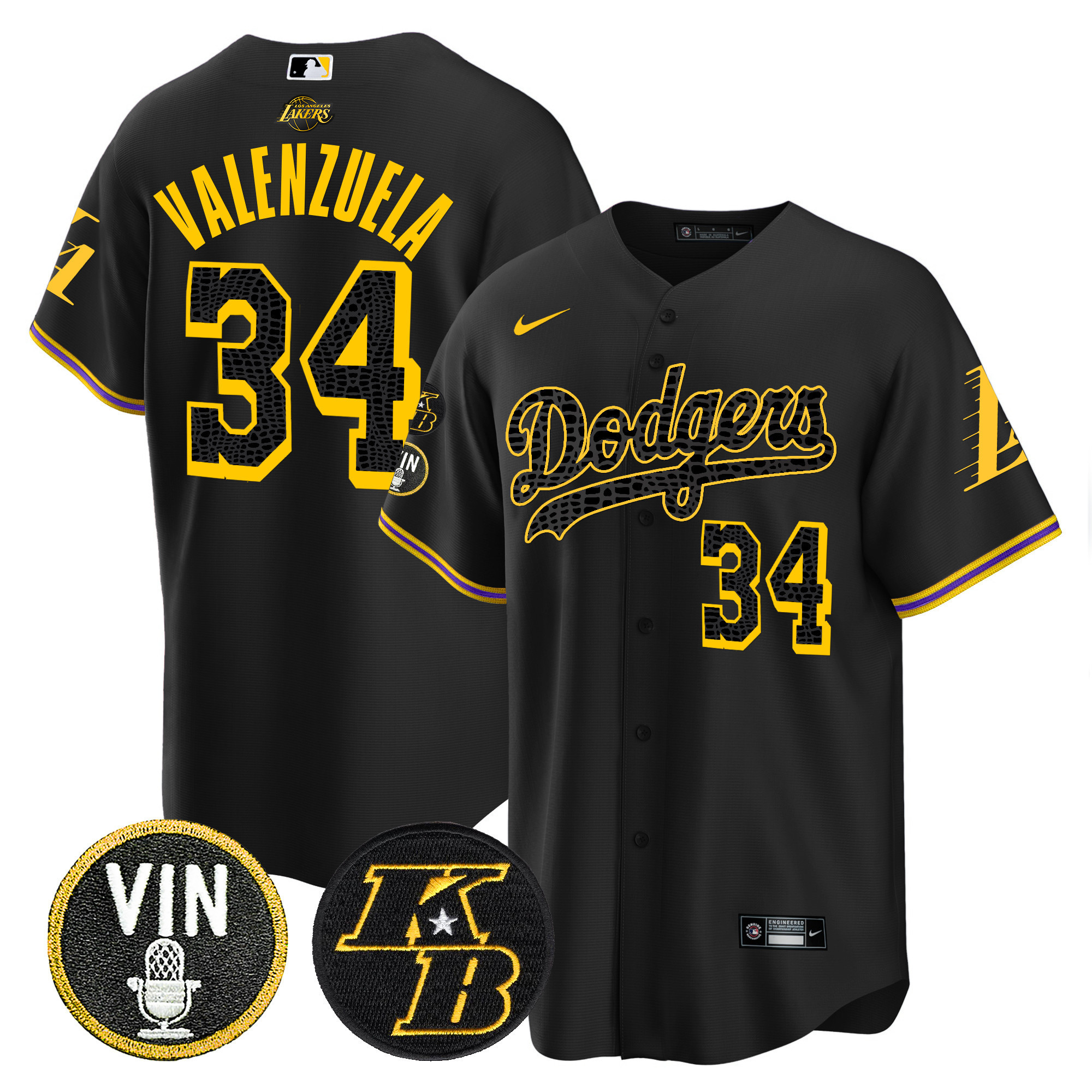 Fernando Valenzuela Men's Los Angeles Dodgers Bryant & Vin Patch Cool Base Mamba Black Jersey - All Stitched