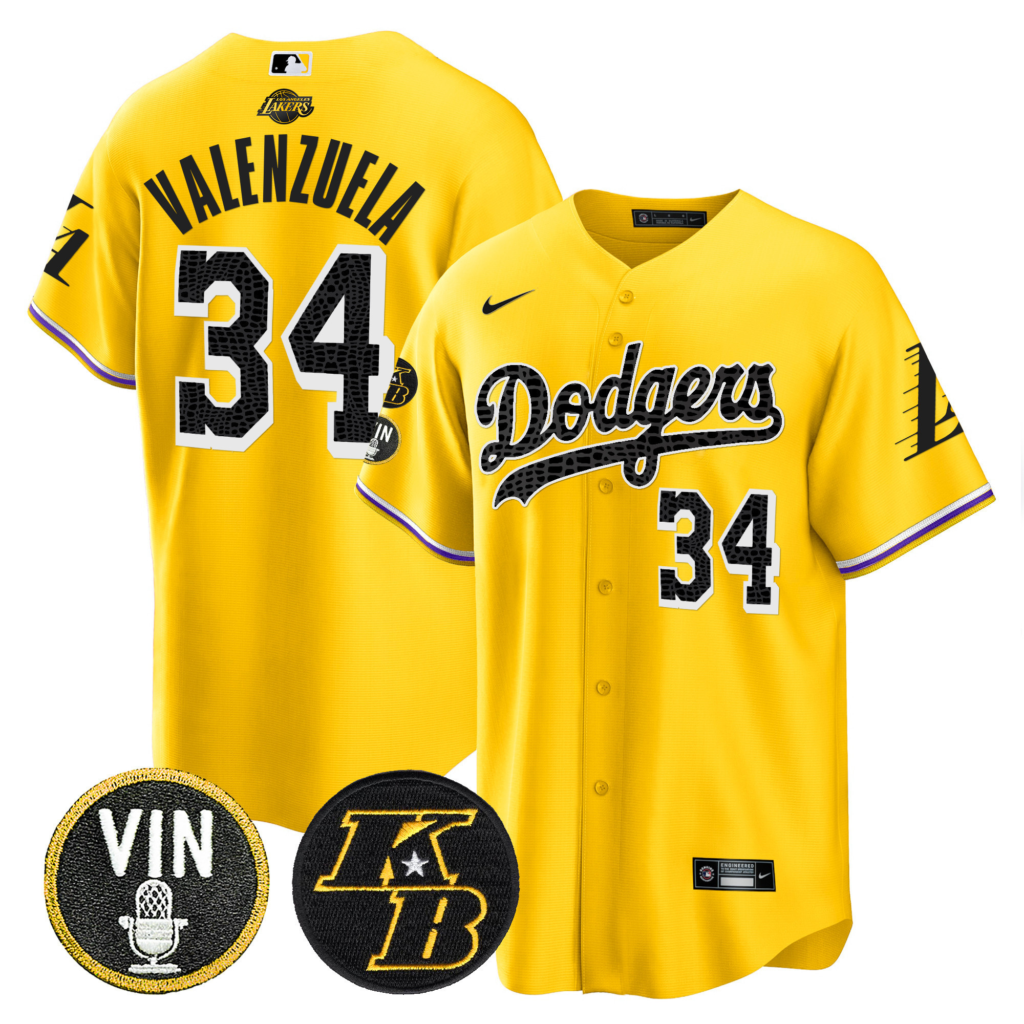 Fernando Valenzuela Men's Los Angeles Dodgers Bryant & Vin Patch Cool Base Mamba Gold Jersey - All Stitched