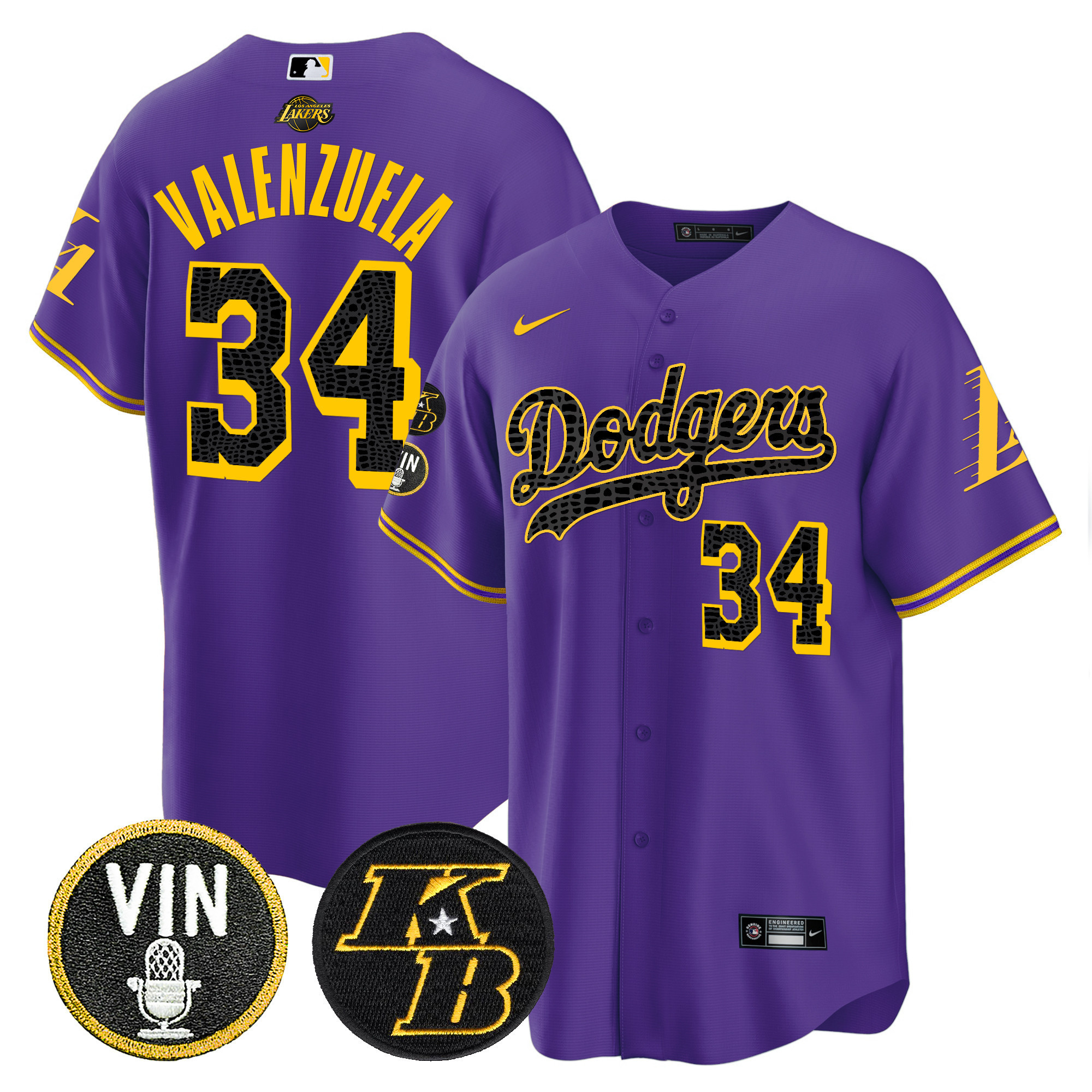 Fernando Valenzuela Men's Los Angeles Dodgers Bryant & Vin Patch Cool Base Mamba Purple Jersey - All Stitched