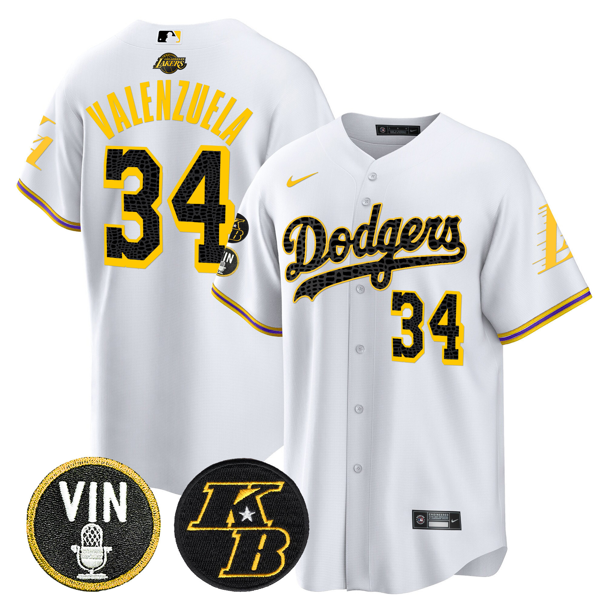 Fernando Valenzuela Men's Los Angeles Dodgers Bryant & Vin Patch Cool Base Mamba White Jersey - All Stitched