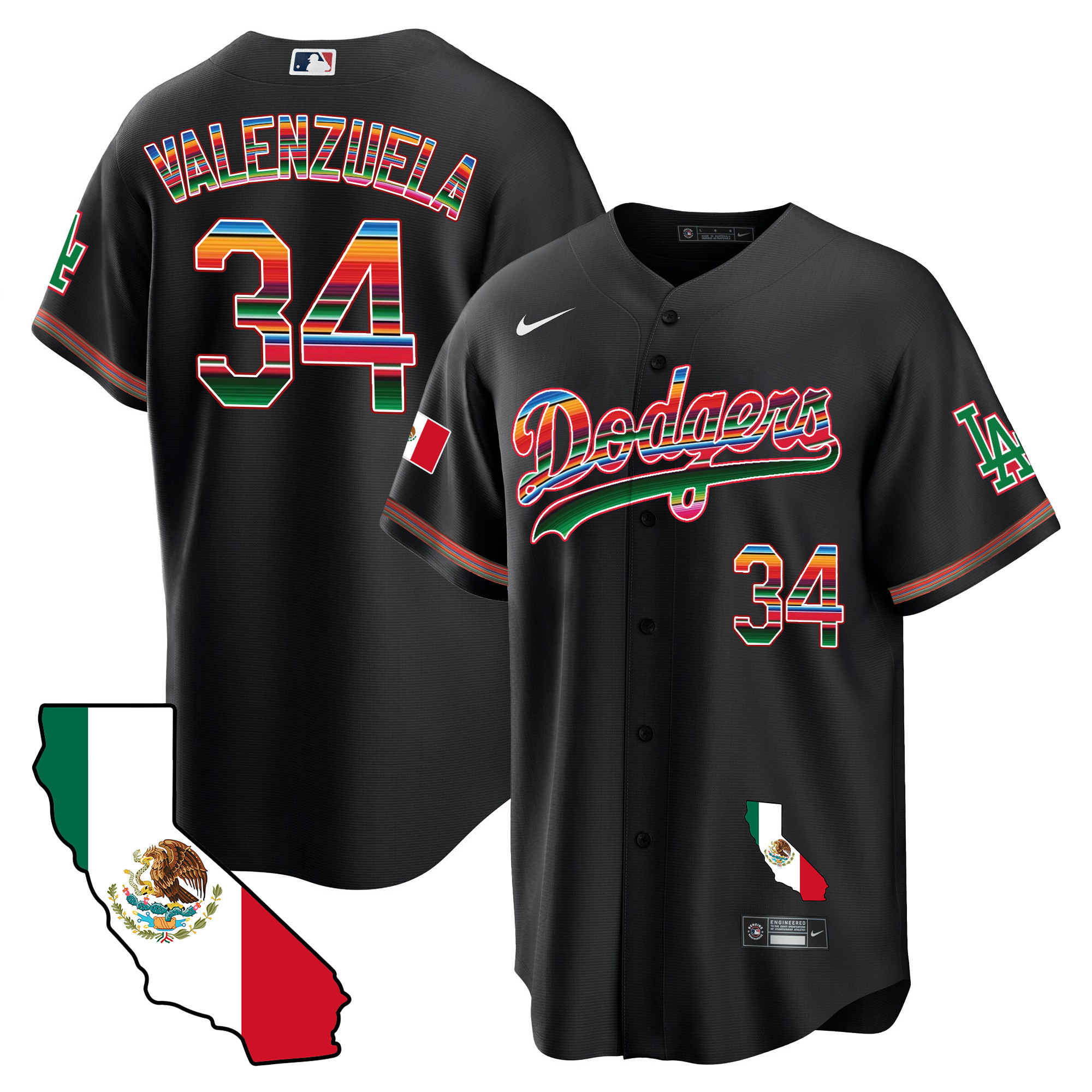 Fernando Valenzuela Men's Los Angeles Dodgers Mexico California Map Cool Base Black Jersey - All Stitched