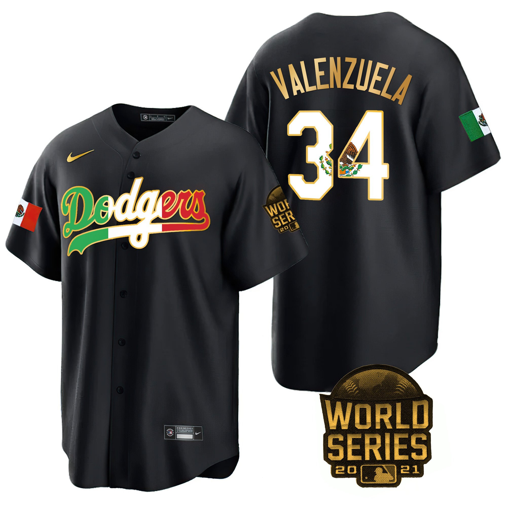 Fernando Valenzuela Men's Los Angeles Dodgers Mexico World Series Patch Black Gold Trim Jersey - All Stitched