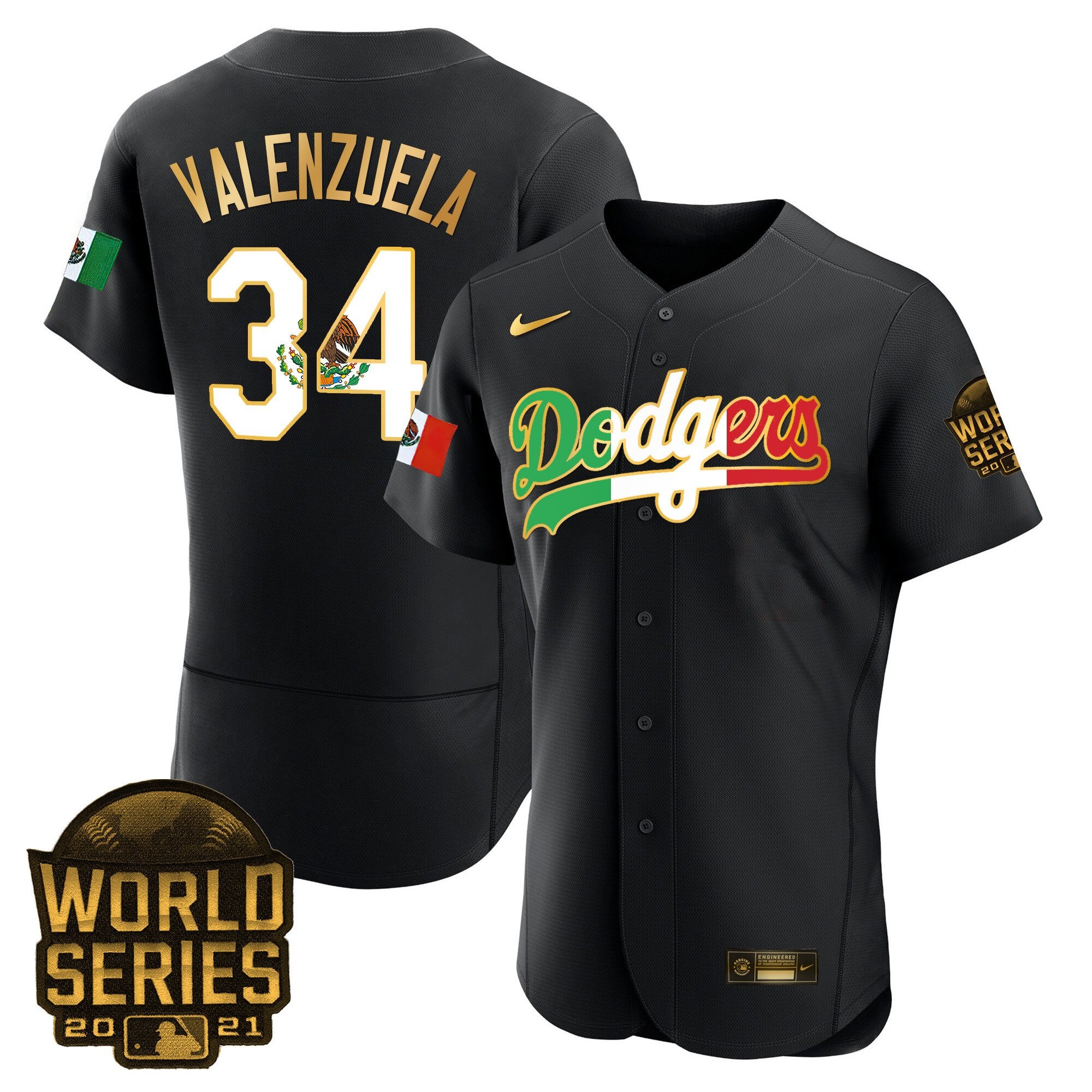 Fernando Valenzuela Men's Los Angeles Dodgers Mexico World Series Patch Flex Base Black Gold Trim Jersey - All Stitched