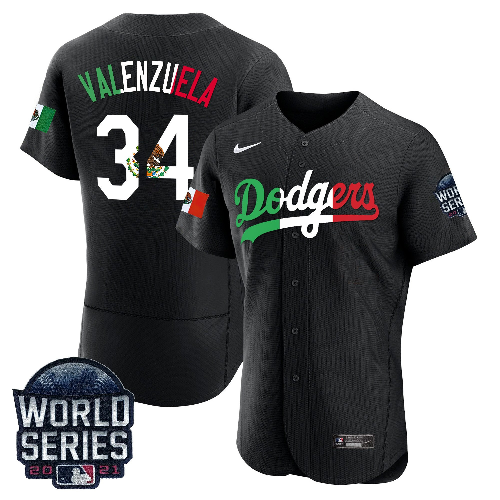 Fernando Valenzuela Men's Los Angeles Dodgers Mexico World Series Patch Flex Base Black Jersey - All Stitched