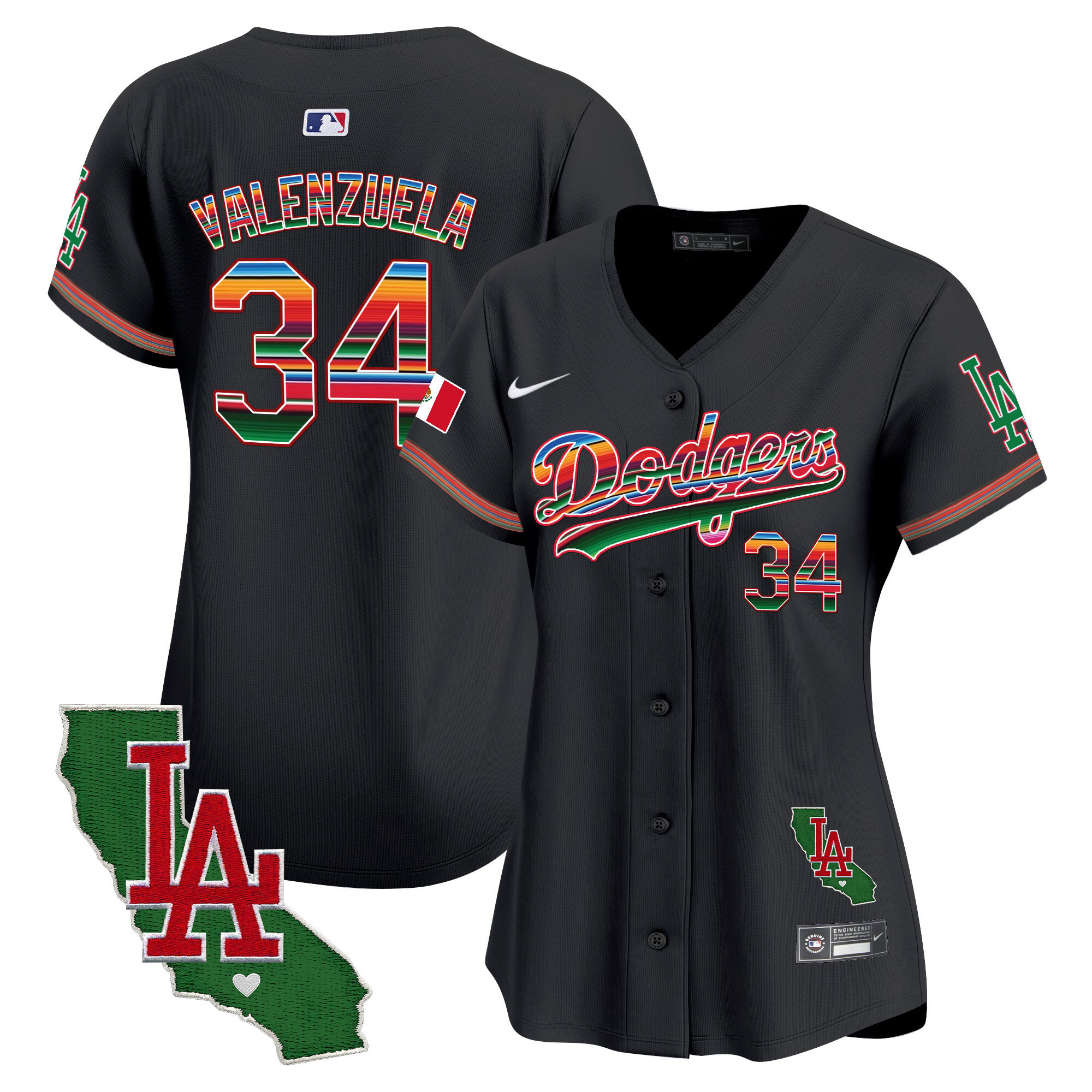 Fernando Valenzuela Women's Los Angeles Dodgers Mexico California Patch Vapor Premier Limited V2 Black Jersey - All Stitched