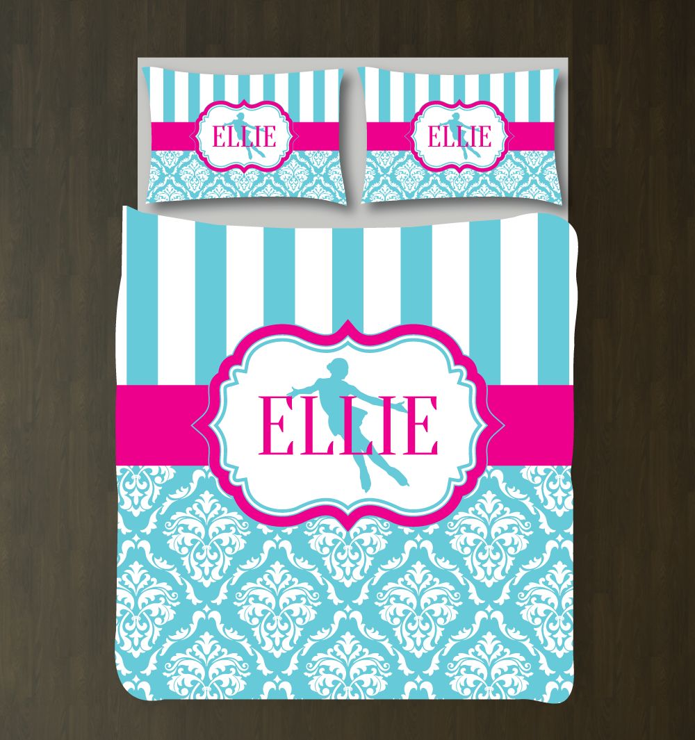 Figure Skating Damask Customized Aqua, Hot Pink And White Duvet Cover Bedding Set