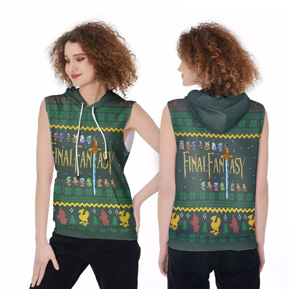 Final Fantasy Christmas Pattern Cute Cartoon Pattern 3D Printed Gift For Final Fantasy Fan Sleeveless Hoodie
