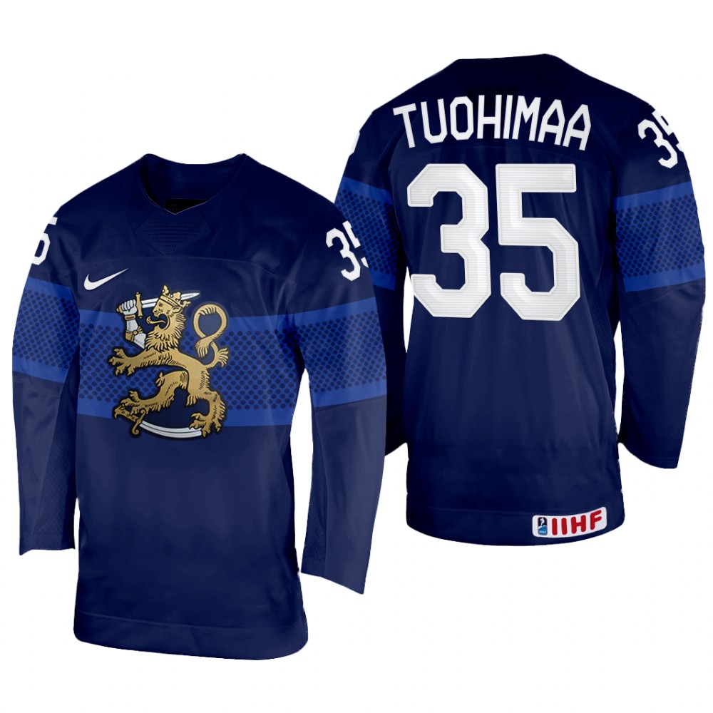 Finland Frans Tuohimaa 2022 IIHF World Championship Navy #35 Jersey Away