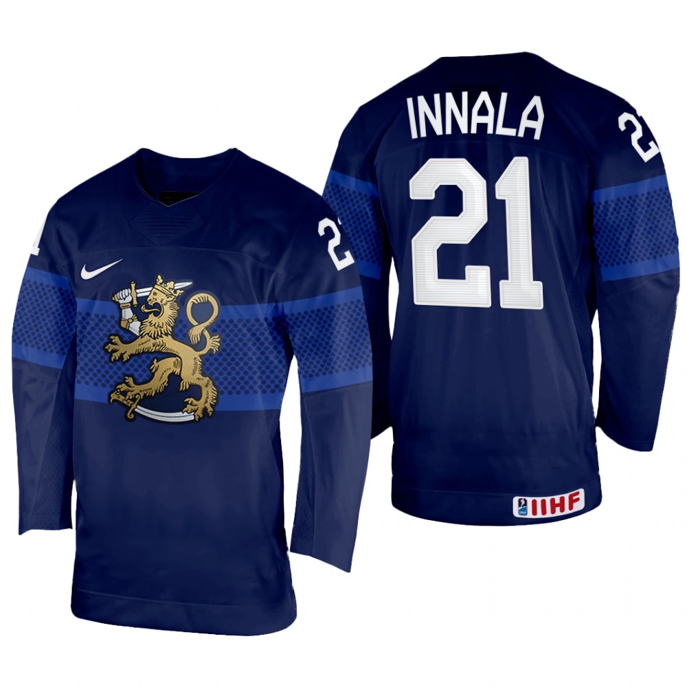 Finland Jere Innala 2022 IIHF World Championship Navy #21 Jersey Away