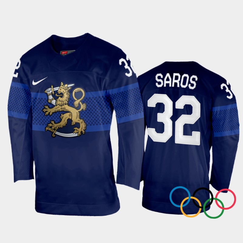 Finland Juuse Saros 2022 Winter Olympics Navy #32 Jersey Away