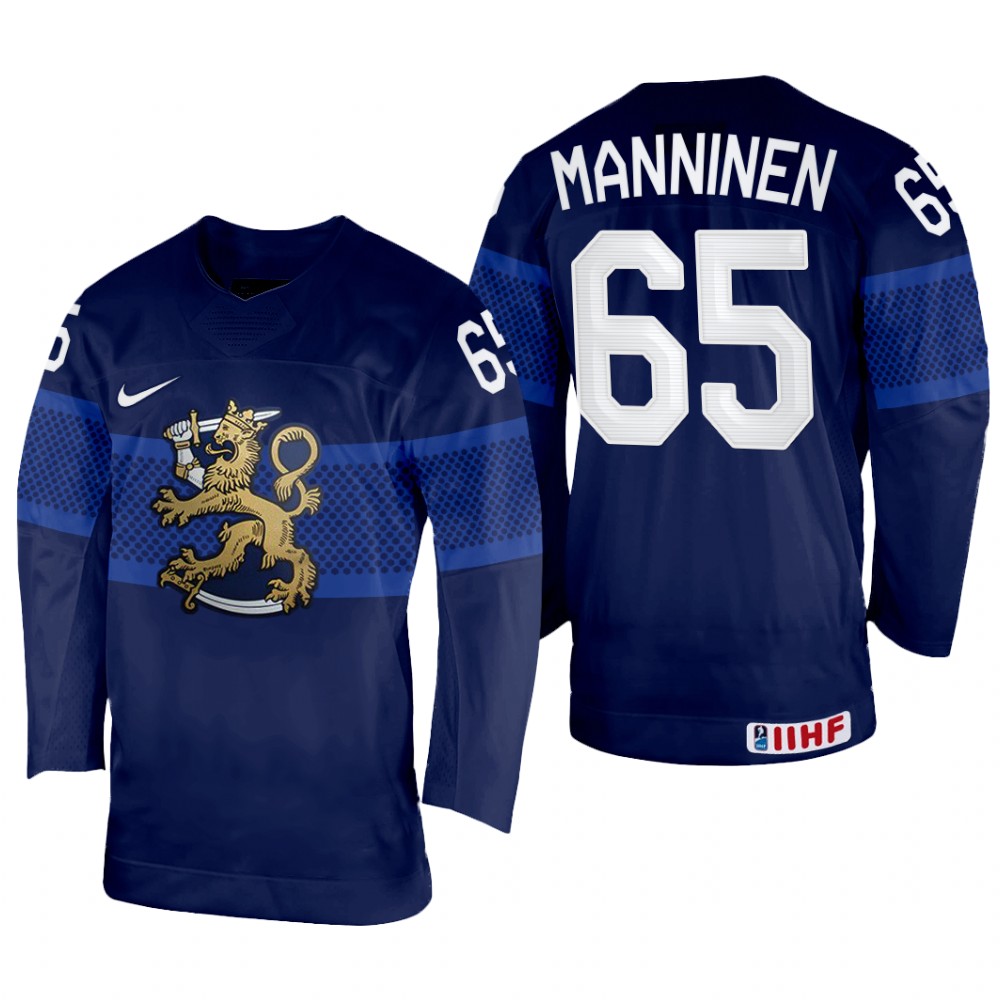 Finland Sakari Manninen 2022 IIHF World Championship Navy #65 Jersey Away