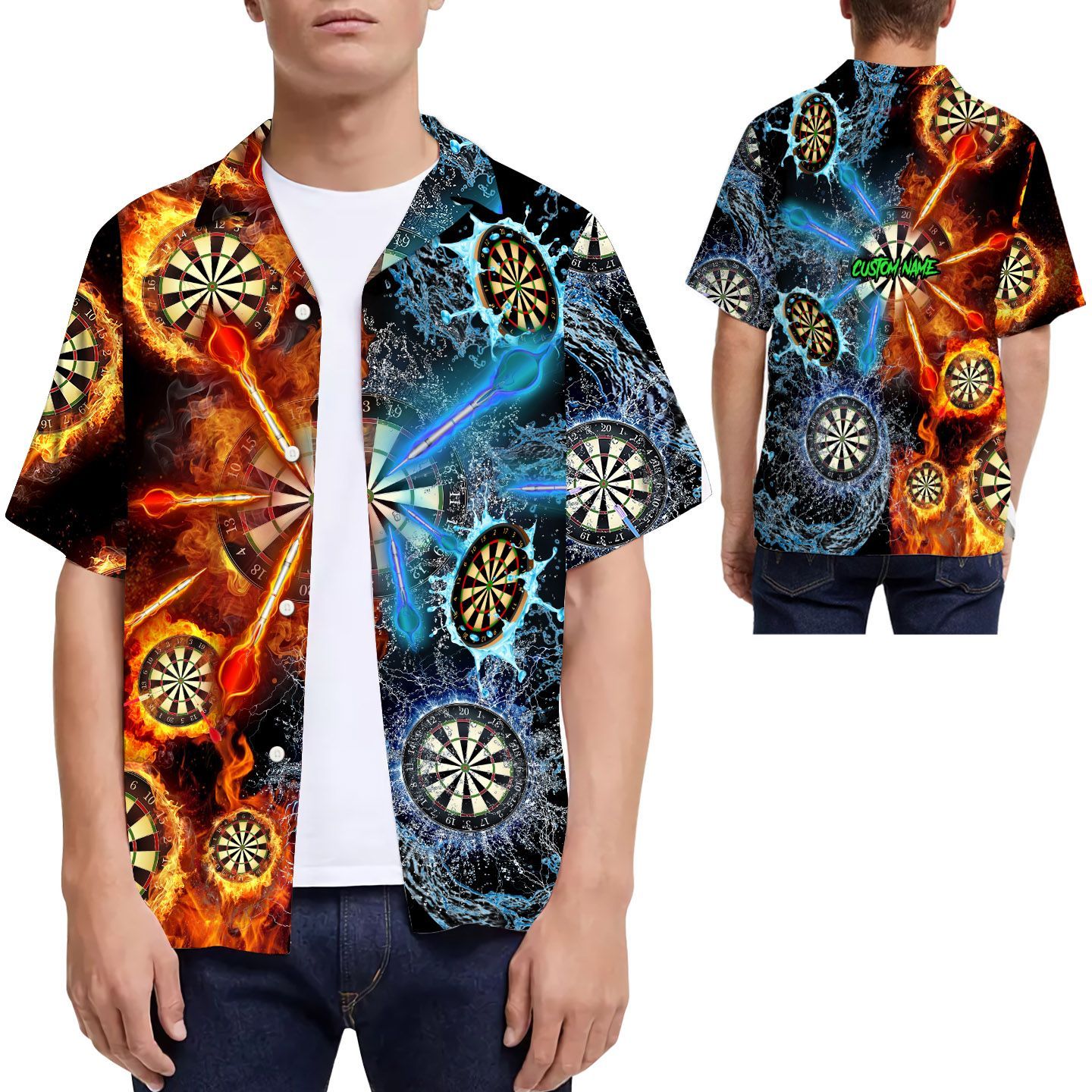 Fire And Water Darts Custom Name Men Hawaiian Shirt For Game Lovers