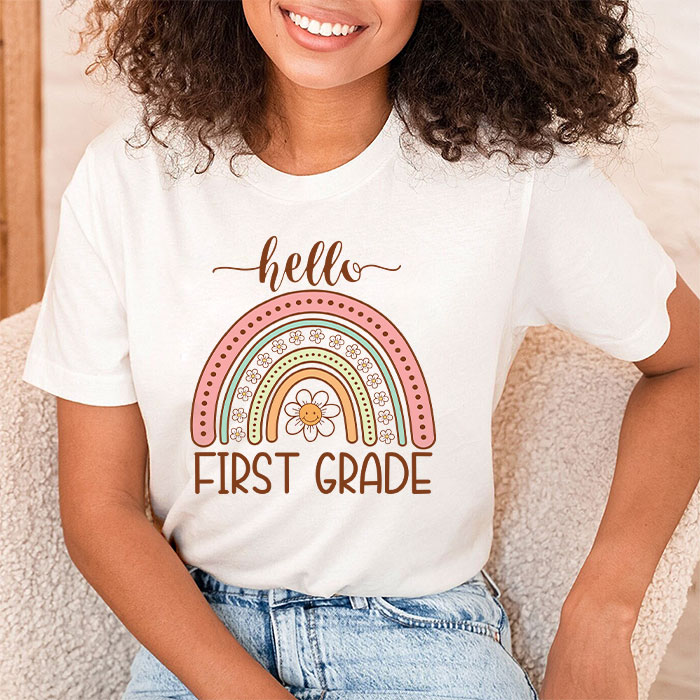First Day of School Hello First Grade Teacher Rainbow Kids T-Shirt