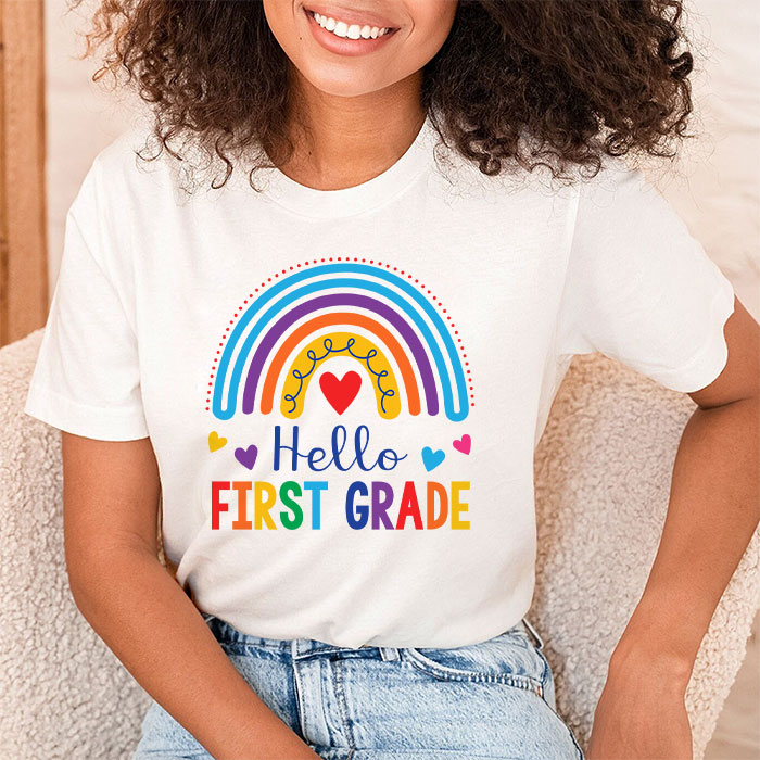 First Day of School Hello First Grade Teacher Rainbow Kids T-Shirt