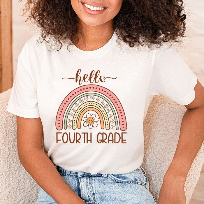 First Day of School Hello Fourth Grade Teacher Rainbow Kids T-Shirt