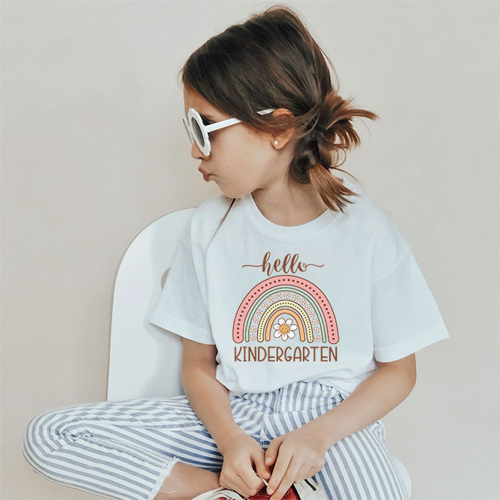 First Day of School Hello Kindergarten Teacher Rainbow Kids T-Shirt