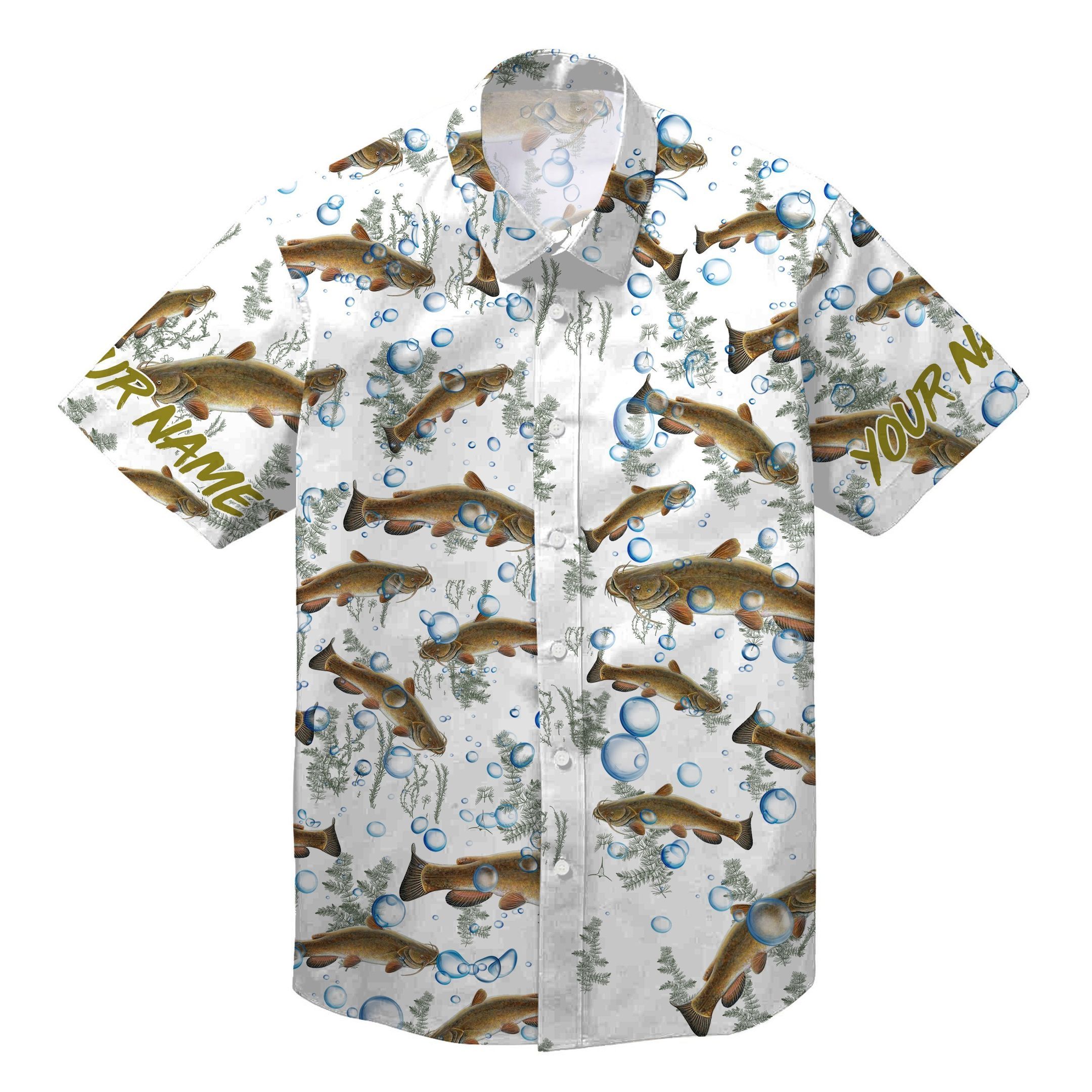 Flathead Catfish Fishing Bubbles Customize Name All Over Print Button Up Shirts Personalized Fishing Hawaiian Shirts For Fishing Lovers Iph1679
