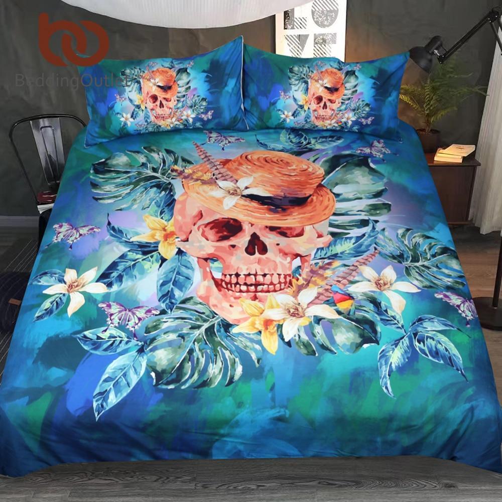 Floral Coolkull With Hat Blue Green Queen Watercolor 3D Customized Duvet Cover Bedding Set