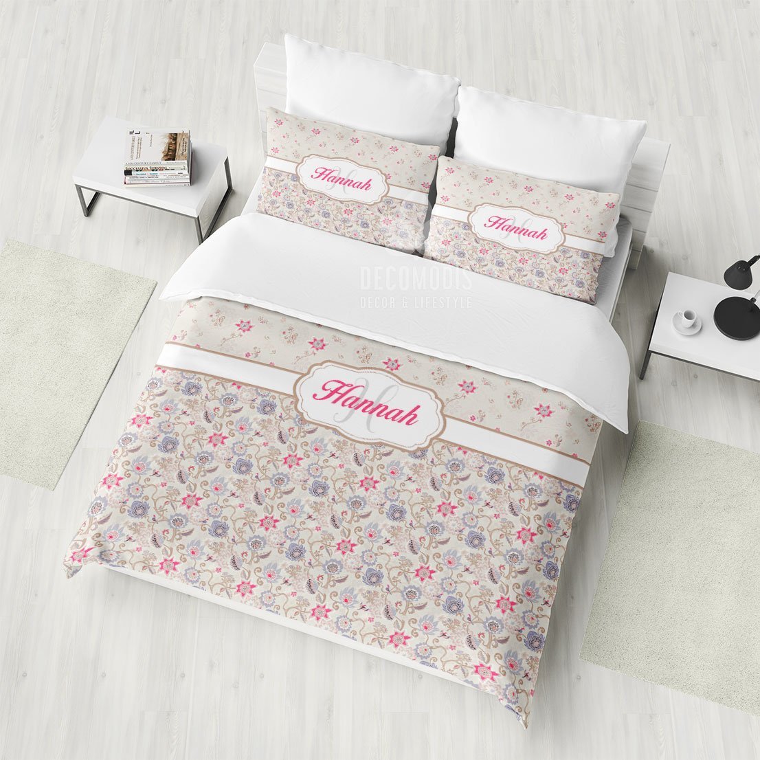 Floral Monogrammed , Custom Covet , Shabby Chic , Interior With Name Duvet Cover Bedding Set