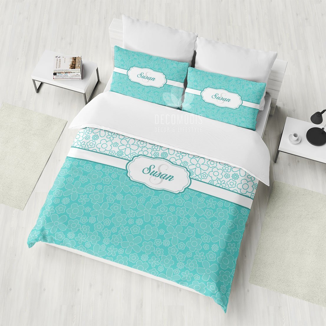Floral Teal , Monogrammed , Monogram With Name, Gentle Duvet Cover Bedding Set