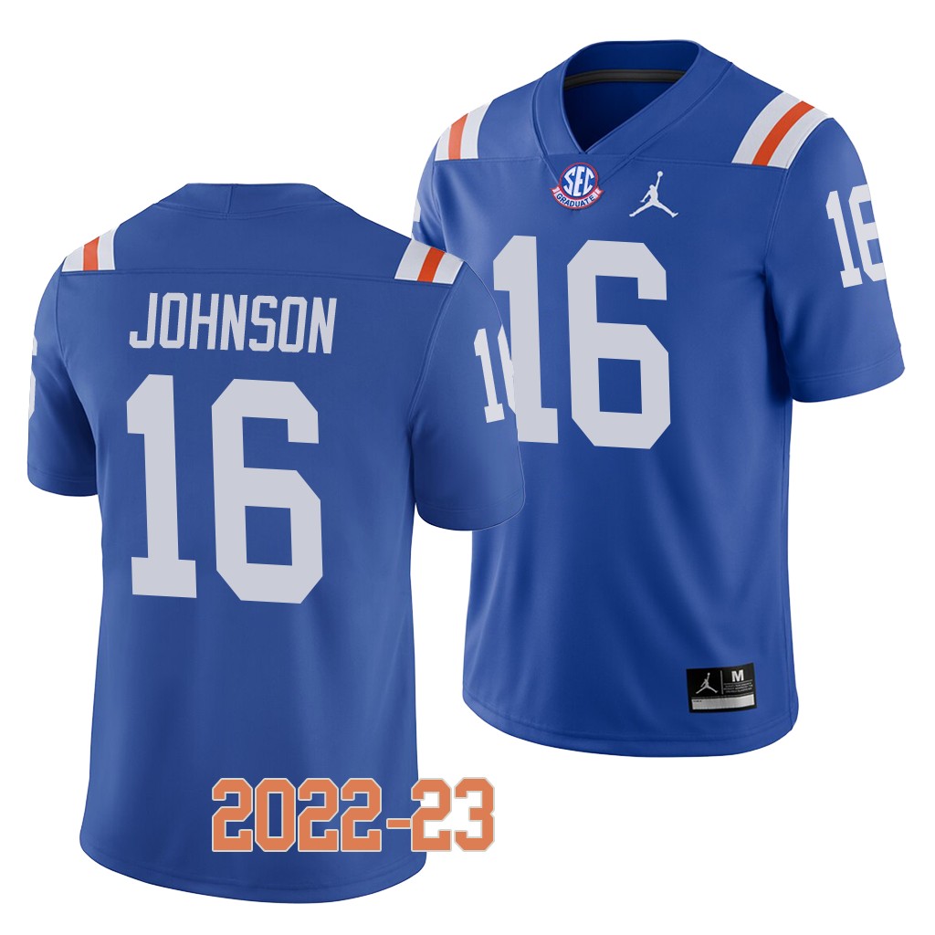 Florida Gators Tre'Vez Johnson College Jersey #16 Blue 2022-23 Throwback Uniform