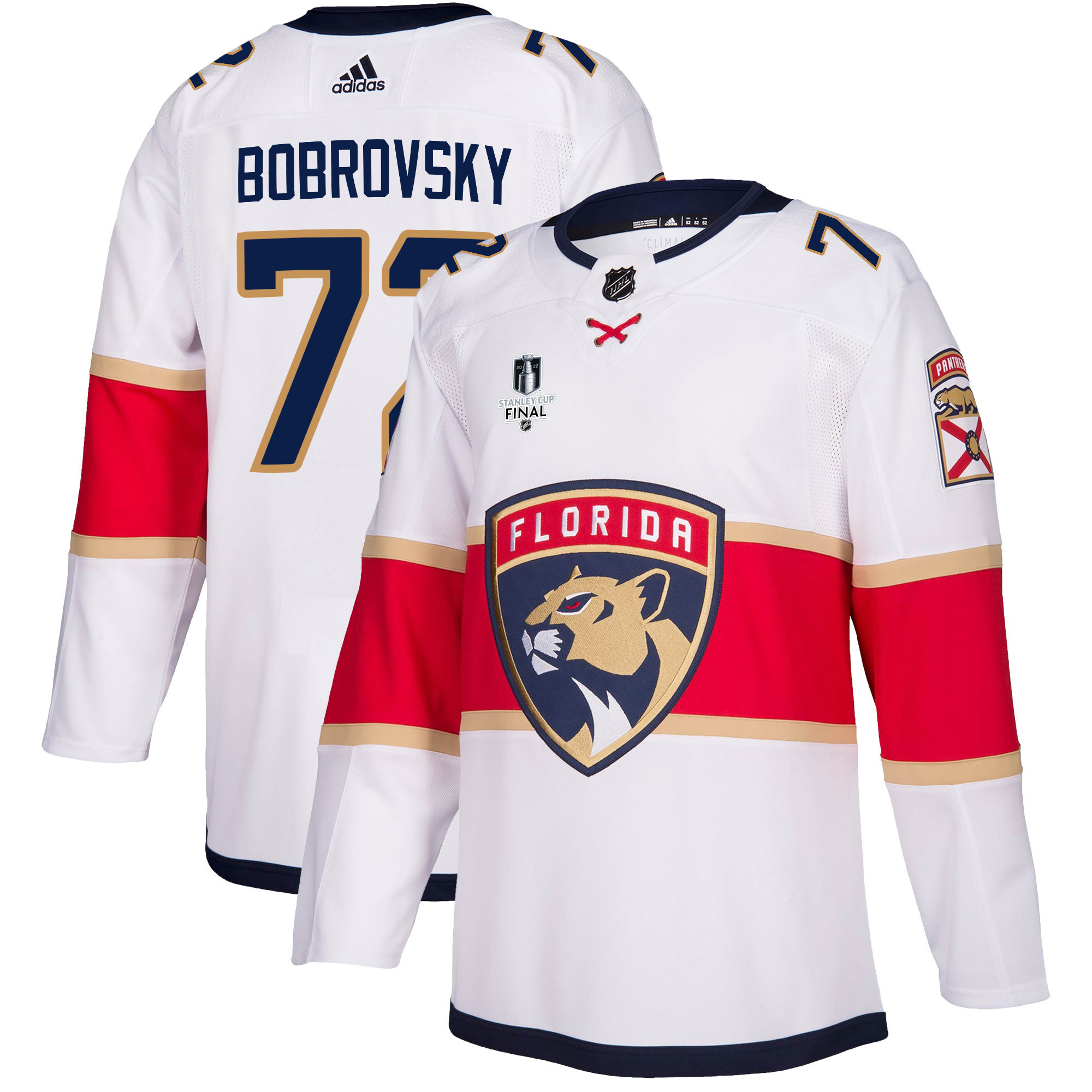 Florida Panthers Sergei Bobrovsky 72 Away 2023 Stanley Cup Final Breakaway Men Stitched Jersey – White