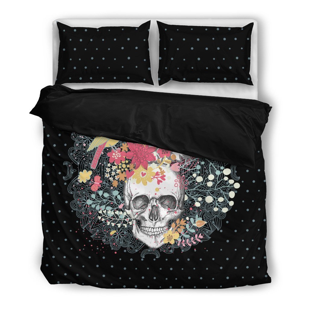 Flowers And Skulls Black Duvet Cover Bedding Set