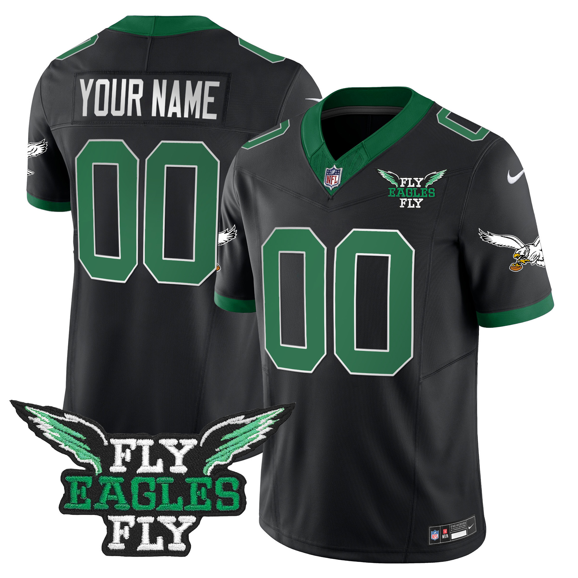 Fly Philadelphia Eagles Fly Patch Throwback Kelly Green Vapor Custom Black Jersey - All Stitched