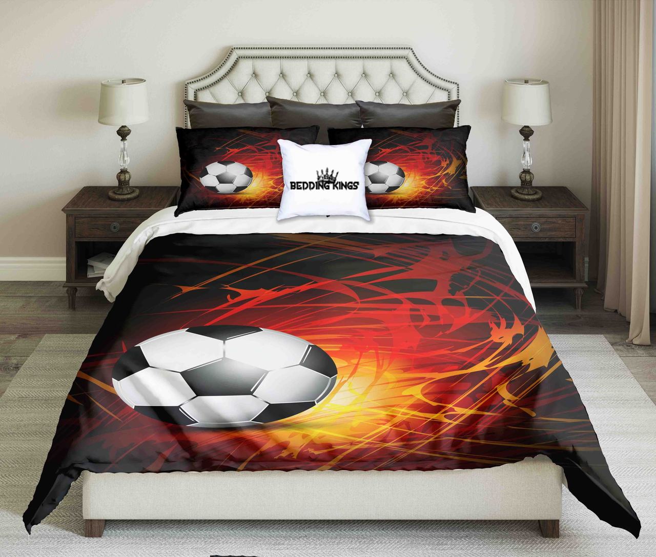 Football On Abstract Fire Design With Black Background Kings 3D Customized Duvet Cover Bedding Set