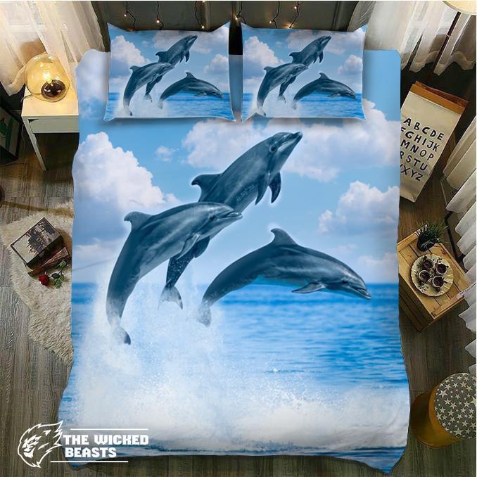 Four Dolphins Jumping3D Customized Duvet Cover Bedding Set