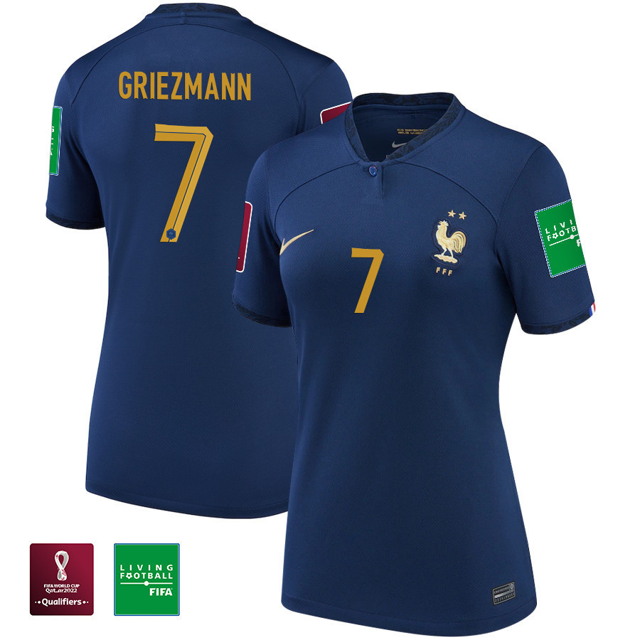 France National Team Antoine Griezmann 7 FIFA World Cup Qatar 2022 Patch – Home Women Soccer Jersey