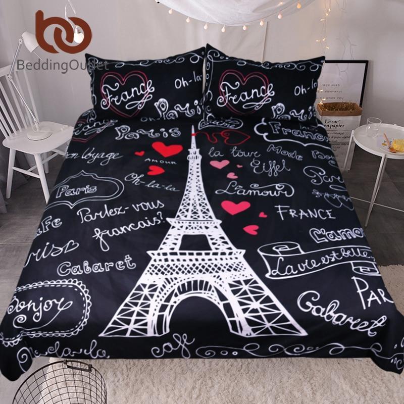France Paris Tower Black And White Et Romantic Letters Heart Print Quilt Coveroft 3D Customized Duvet Cover Bedding Set