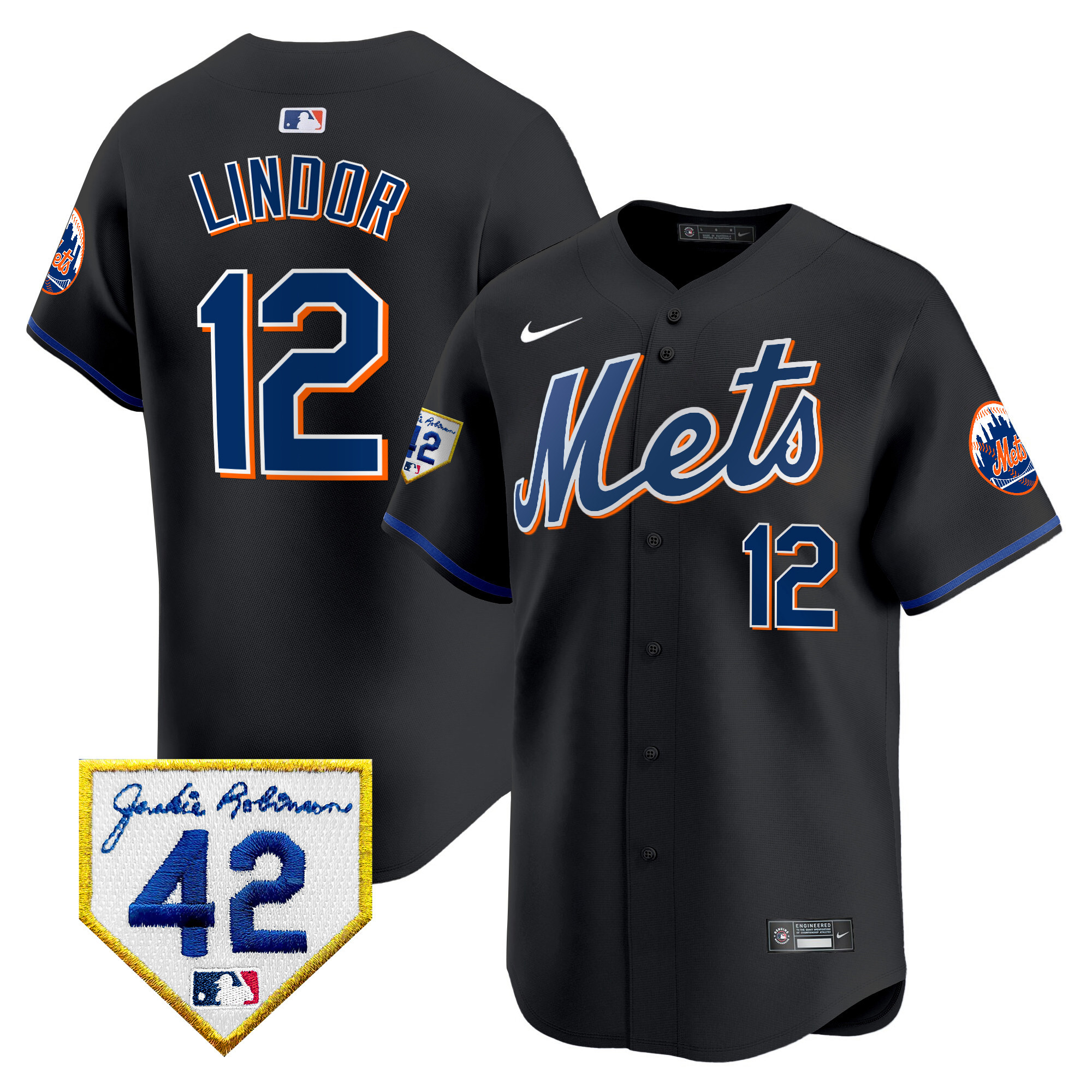 Francisco Lindor Men's New York Mets 2024 Jackie Robinson Patch Vapor Premier Limited Black Jersey - All Stitched