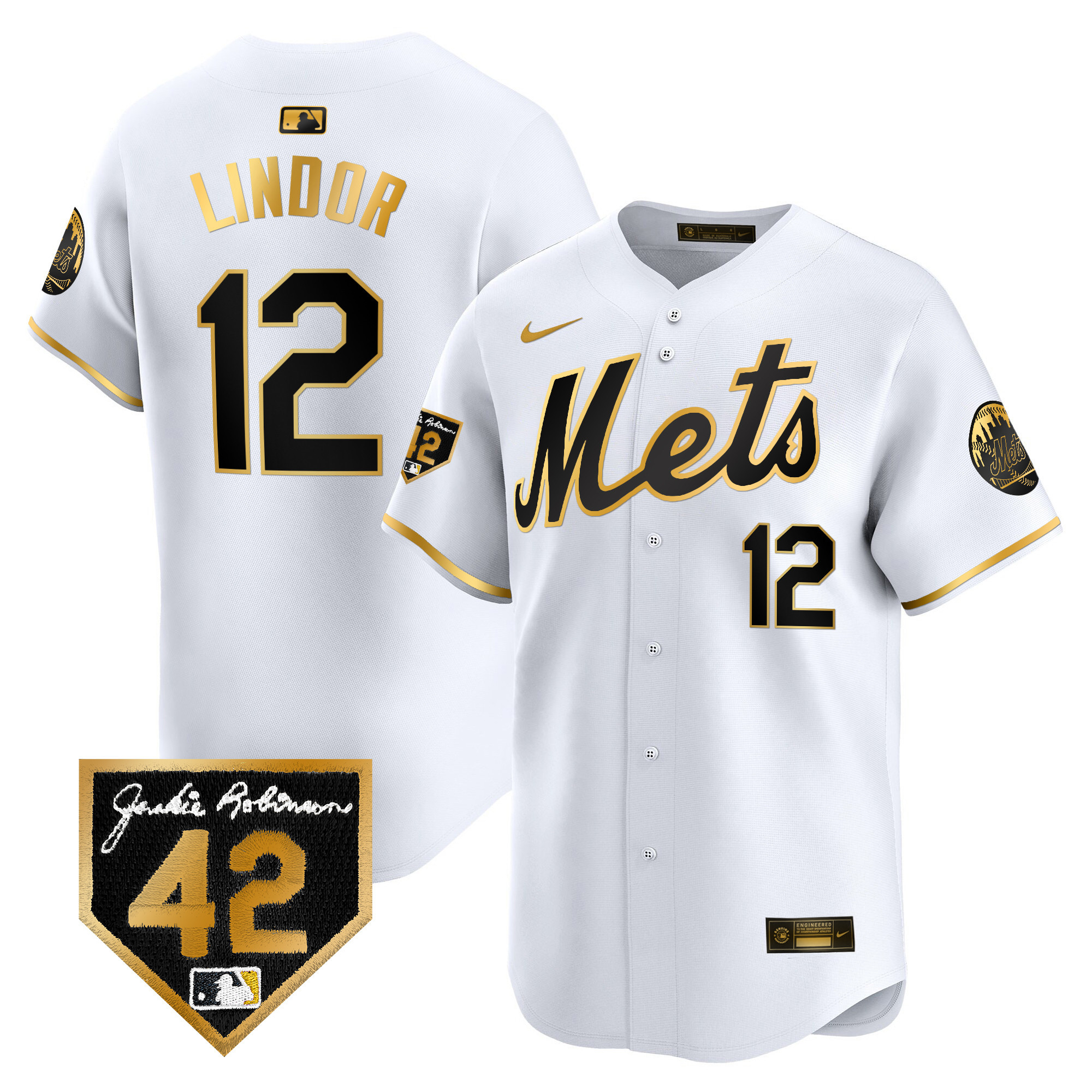 Francisco Lindor Men's New York Mets 2024 Jackie Robinson Patch Vapor Premier Limited White Gold Jersey - All Stitched