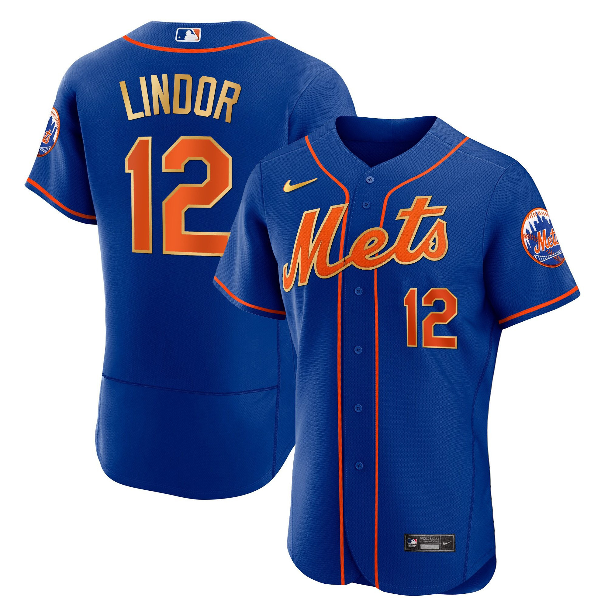 Francisco Lindor Men's New York Mets Gold Trim Flex Navy Jersey - All Stitched