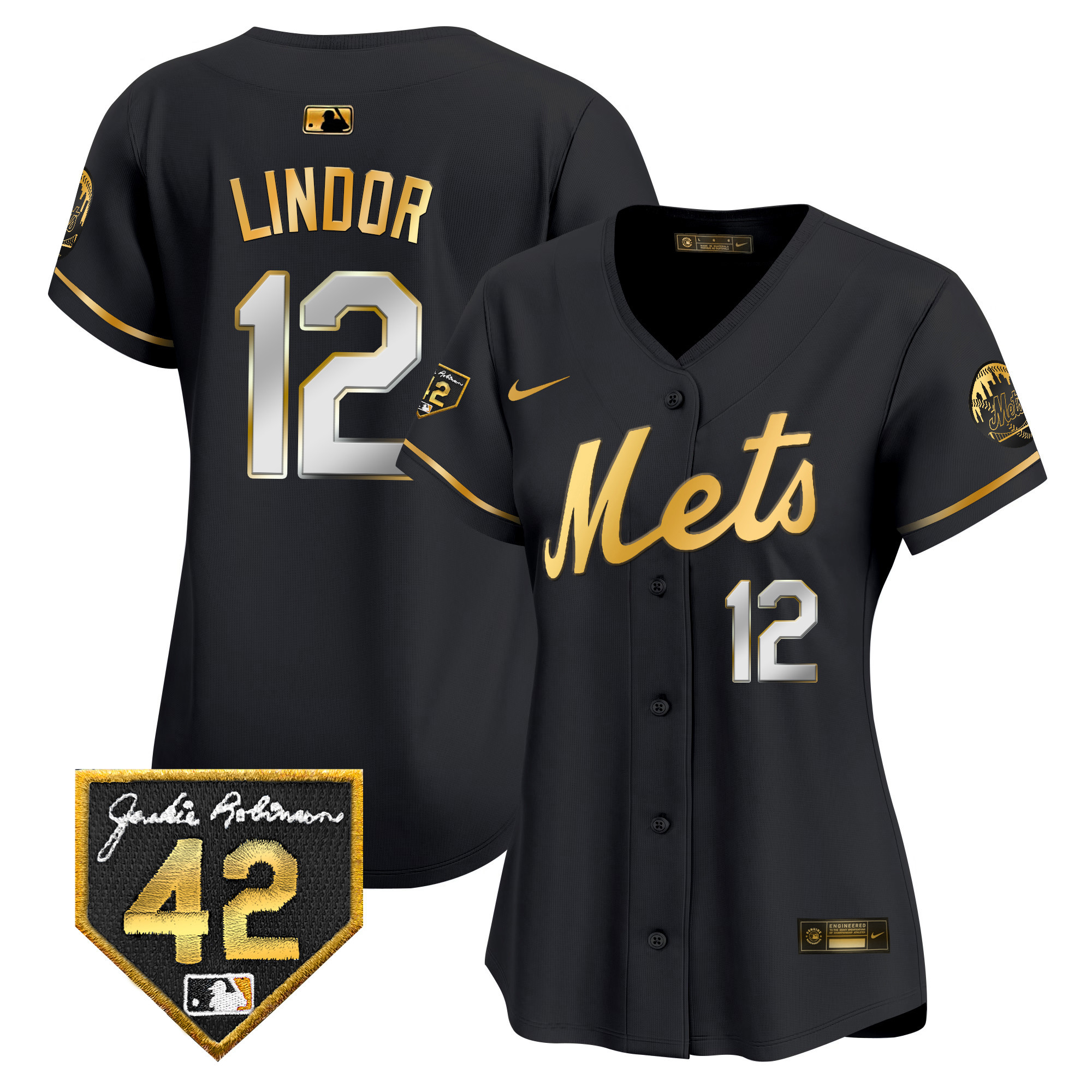 Francisco Lindor Women's New York Mets 2024 Jackie Robinson Patch Vapor Premier Limited Black Gold Jersey - All Stitched
