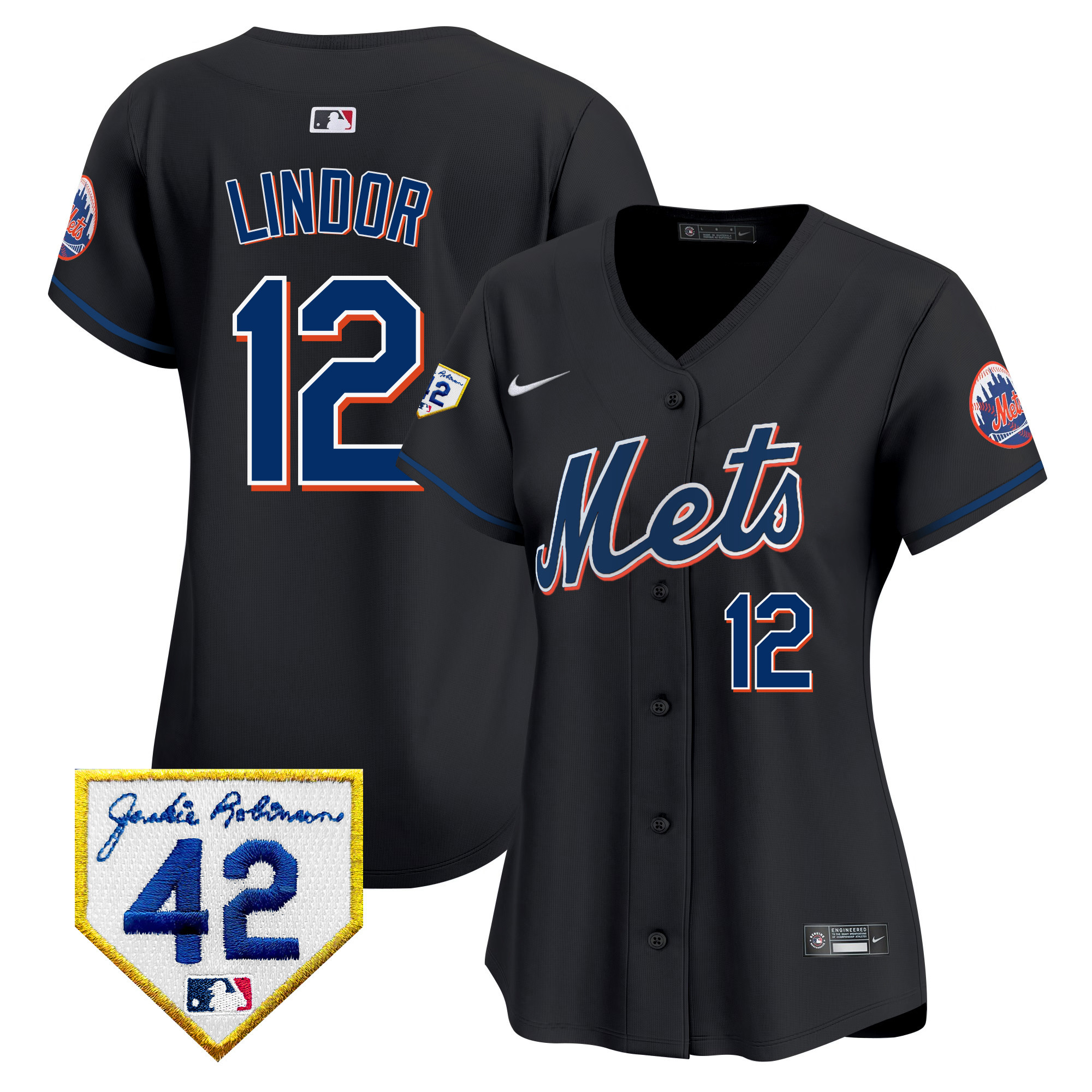 Francisco Lindor Women's New York Mets 2024 Jackie Robinson Patch Vapor Premier Limited Black Jersey - All Stitched