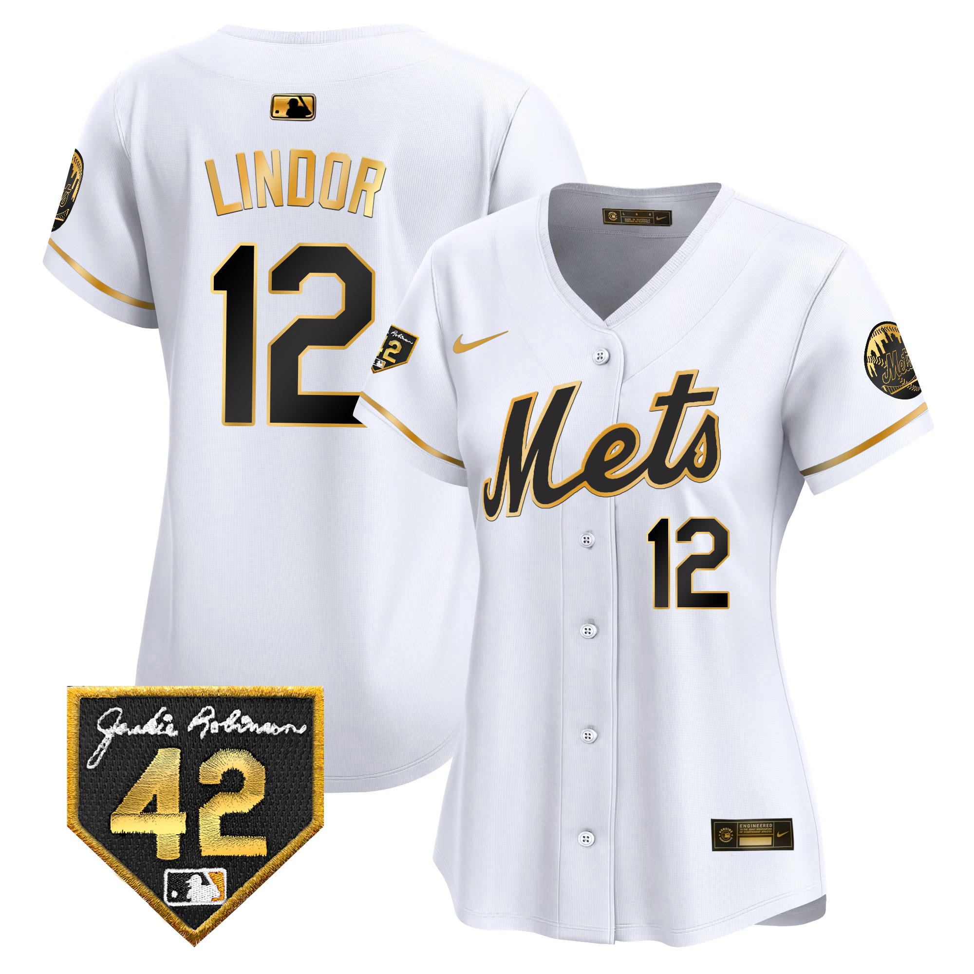 Francisco Lindor Women's New York Mets 2024 Jackie Robinson Patch Vapor Premier Limited White Gold Jersey - All Stitched