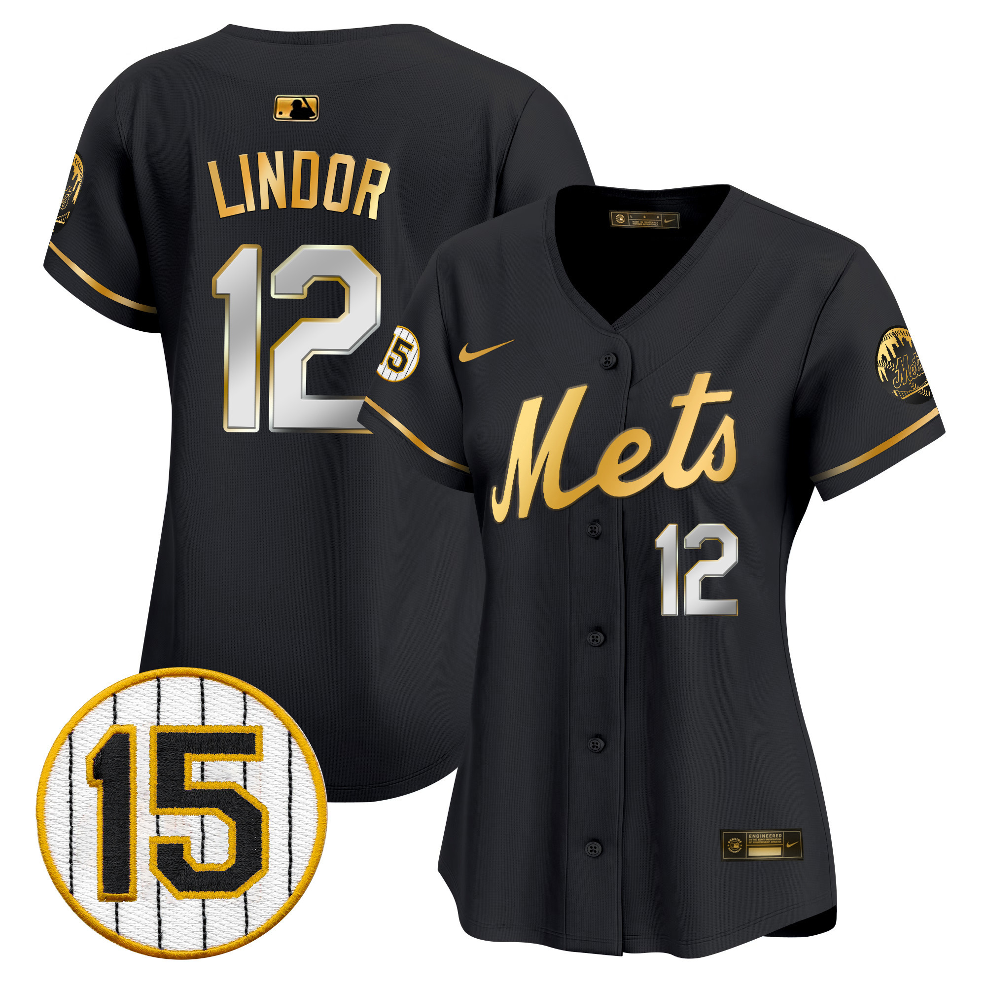 Francisco Lindor Women's New York Mets Jerry Grote Patch Vapor Premier Limited Black Gold Jersey - All Stitched