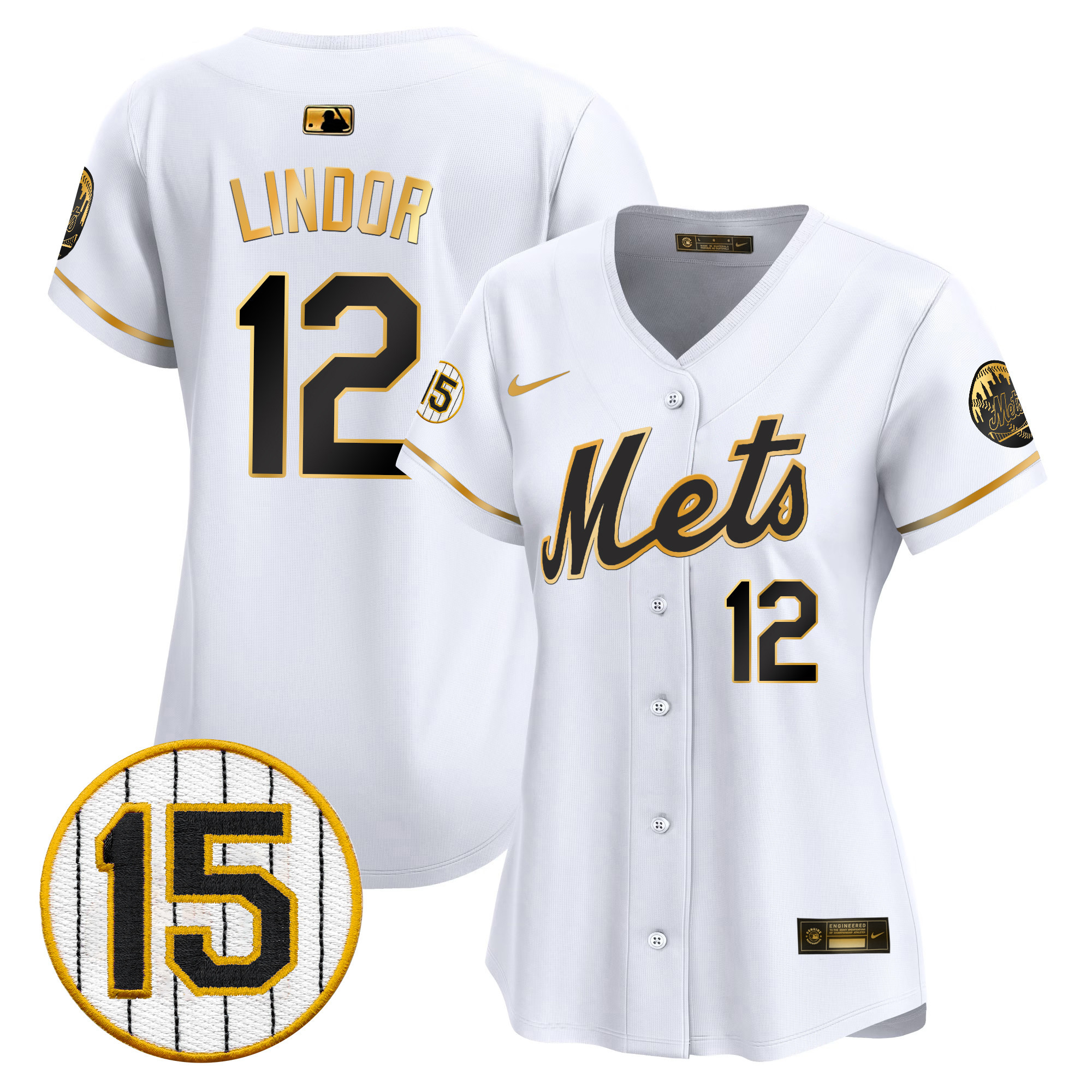 Francisco Lindor Women's New York Mets Jerry Grote Patch Vapor Premier Limited White Gold Jersey - All Stitched