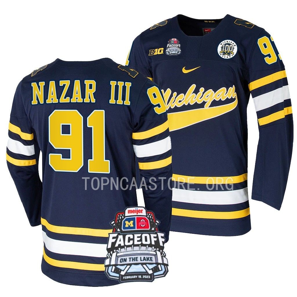 Frank Nazar III Michigan Wolverines Navy Faceoff On The Lake Jersey 2023