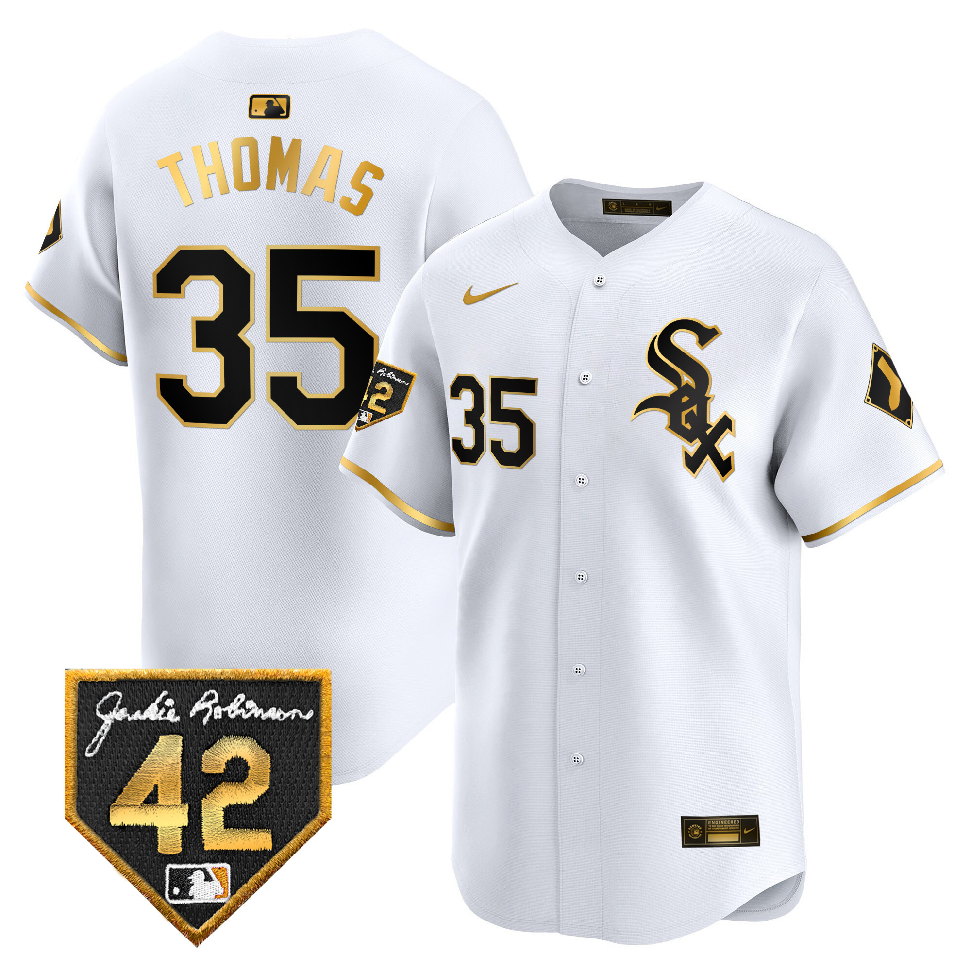 Frank Thomas Men's Chicago White Sox 2024 Jackie Robinson Patch Vapor Premier Limited White Gold Jersey - All Stitched