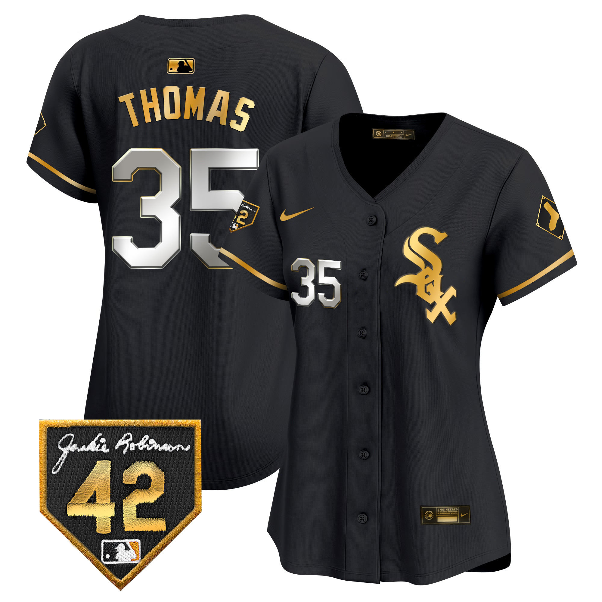 Frank Thomas Women's Chicago White Sox 2024 Jackie Robinson Patch Vapor Premier Limited Black Gold Jersey - All Stitched