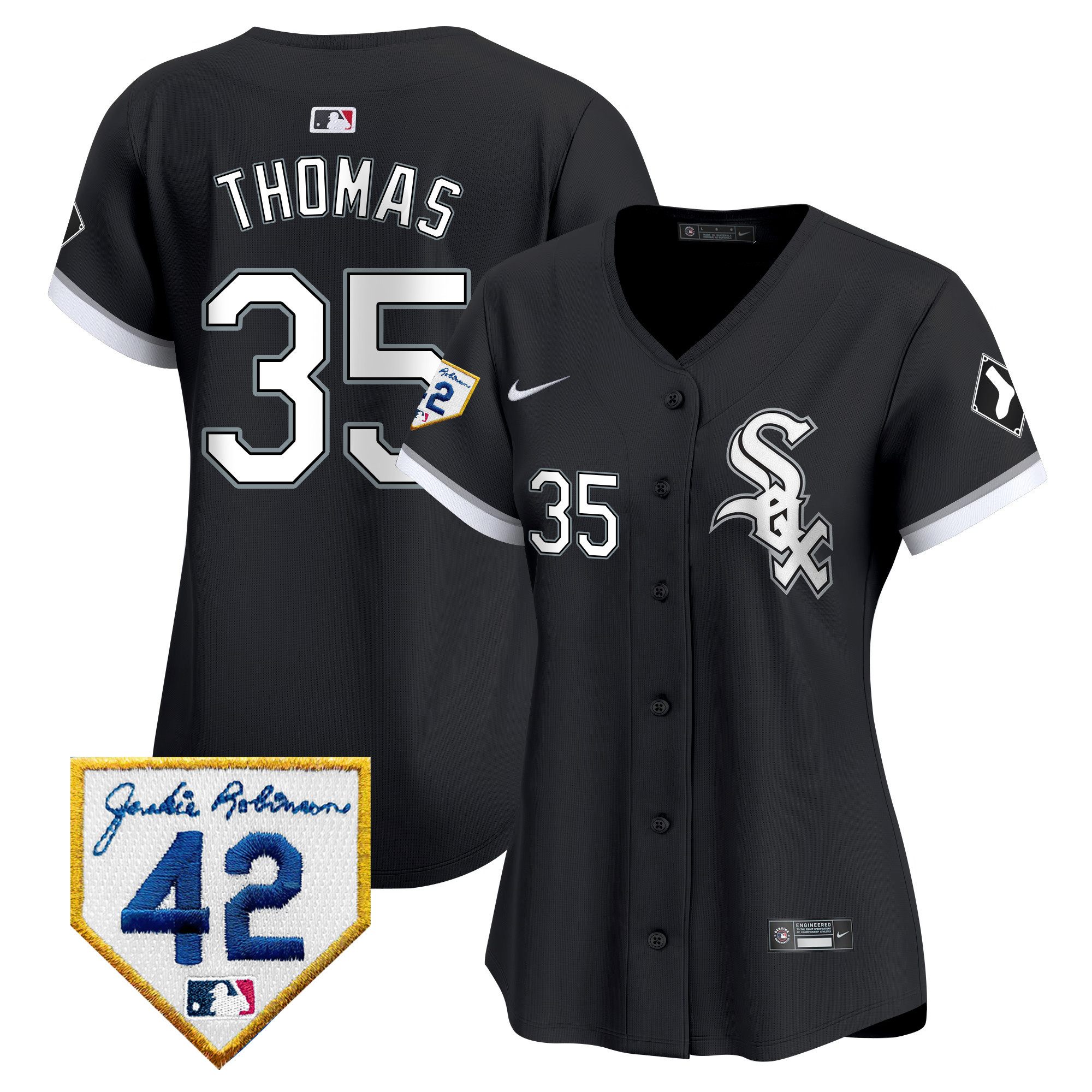 Frank Thomas Women's Chicago White Sox 2024 Jackie Robinson Patch Vapor Premier Limited Black Jersey - All Stitched