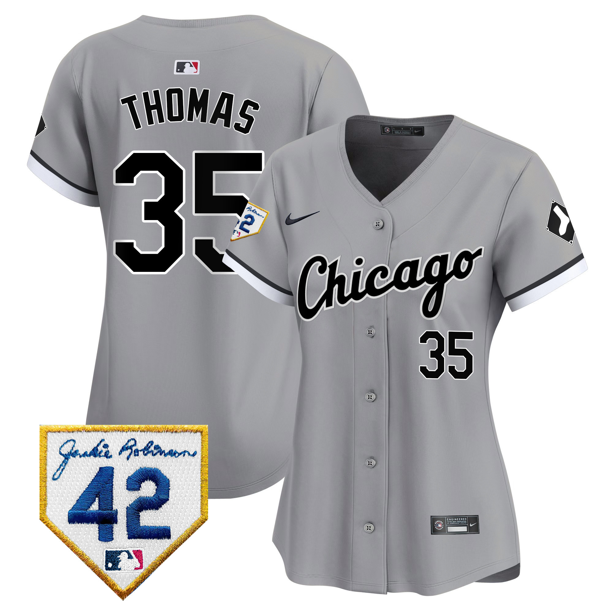 Frank Thomas Women's Chicago White Sox 2024 Jackie Robinson Patch Vapor Premier Limited Gray Jersey - All Stitched